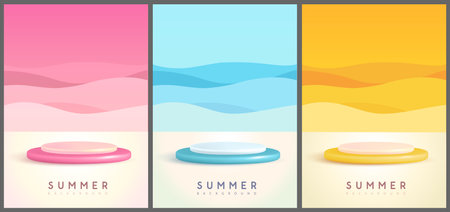 Set of colorful summer backgrounds with plastic stage and abstract wave landscape. Colorful minimal scene. Vector illustrationのイラスト素材