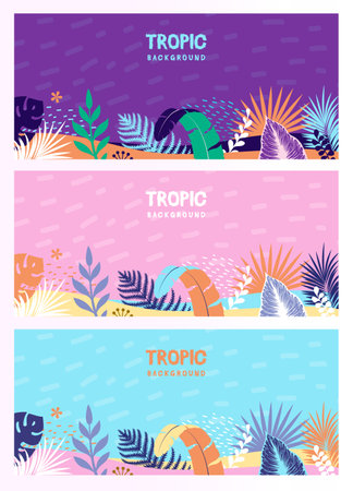 Set of colorful  summer banners with tropic leaves. Summertime template collection. Vector illustrationのイラスト素材