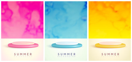 Set of colorful summers posters with plastic stage and abstract smoky background. Colorful minimal scene. Vector illustrationのイラスト素材