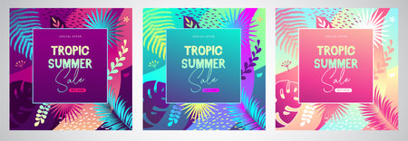 Set of colorful summer big sale tropical gradient banners with fluorescent tropic leaves. Summertime template collection. Vector illustrationのイラスト素材