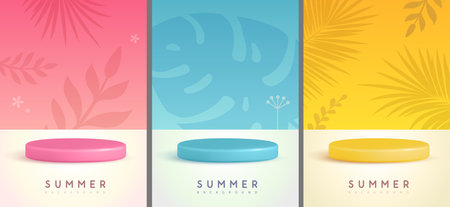 Set of colorful summer backgrounds with stage and floral tropic elements. Colorful minimal scene. Vector illustrationのイラスト素材