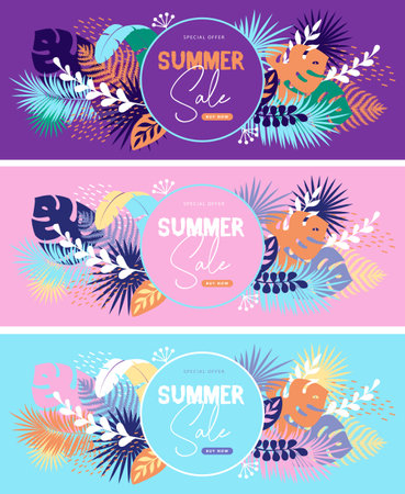 Set of colorful summer big sale tropical  banners with tropic leaves. Summertime template collection. Vector illustrationのイラスト素材