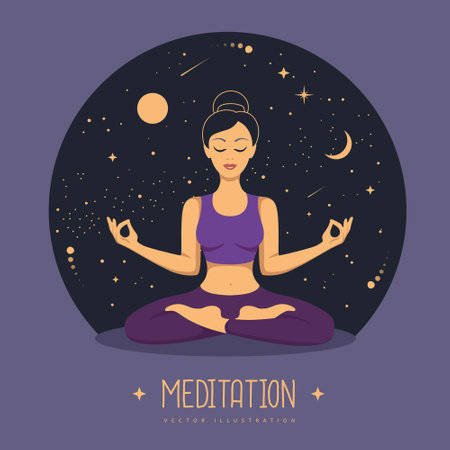 Woman meditation with outer space background. Magic witchcraft astrology background. Vector illustrationのイラスト素材