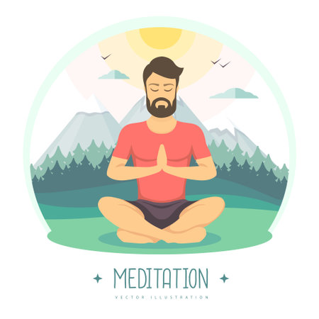 Young man meditation in lotus position on beautiful mountain landscape. Vector illustrationのイラスト素材