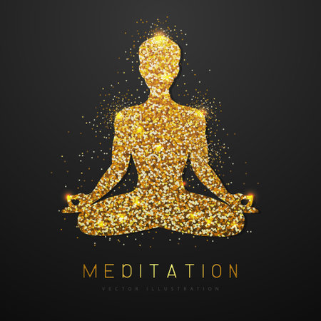 Golden sparkle meditating man silhouette on black background. Vector illustrationのイラスト素材