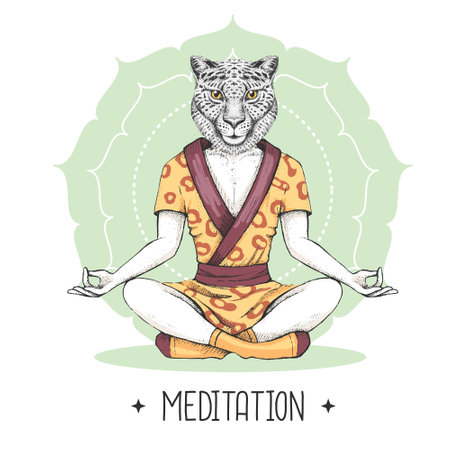 Hand drawing hipster animal cheetah meditating in lotus position on mandala background. Vector illustrationのイラスト素材