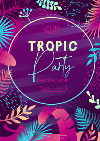 Colorful summer disco party poster with fluorescent tropic leaves. Summertime background. Vector illustrationのイラスト素材