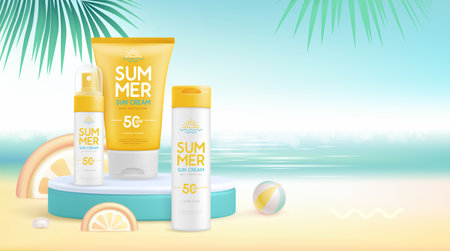 Summer beach background with 3d stage and  set of sunscreens. Colorful summer scene. Vector illustrationのイラスト素材
