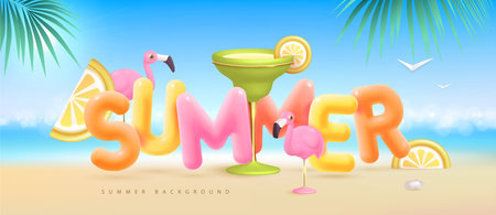 Summer beach background with 3d letters and margarita cocktail. Colorful summer scene. Vector illustrationのイラスト素材