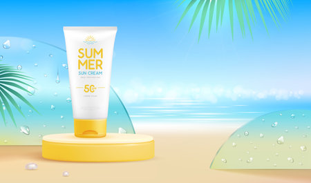 Summer beach background with 3d stage and sunscreen cream. Colorful summer scene. Vector illustrationのイラスト素材