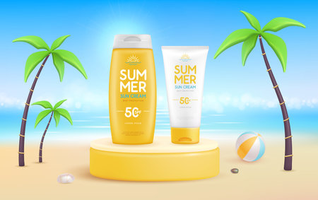 Summer beach background with 3d stage and  set of sunscreens. Colorful summer scene. Vector illustrationのイラスト素材