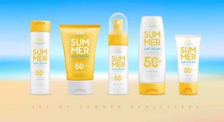 Summer beach blurred background with set of sunscreen creams. Colorful summer scene. Vector illustrationのイラスト素材
