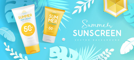 Top view summer background with 3d set of sunscreen tubes, tropic leaves and beach umbrella. Colorful summer scene. Vector illustrationのイラスト素材