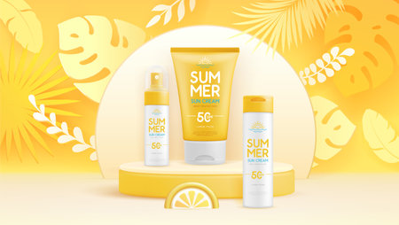 Summer background with 3d set of sunscreen tubes and tropic leaves. Colorful summer scene. Vector...