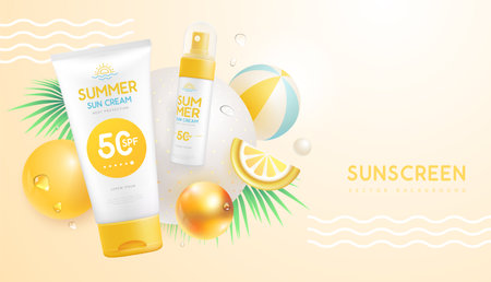 Summer background with 3d spheres and sunscreen tubes. Colorful summer scene. Vector illustrationのイラスト素材