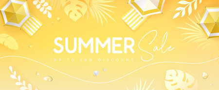 Top view summer big sale tropical banner with tropic leaves and beach umbrella. Summertime background. Vector illustrationのイラスト素材