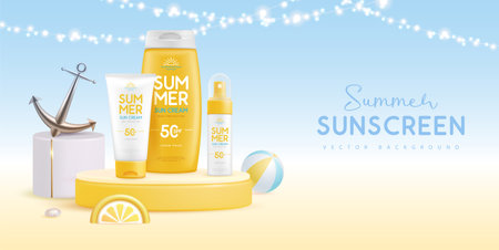 Summer background with 3d podium and set of sunscreens with slices of lemon or orange. Colorful summer scene. Vector illustrationのイラスト素材