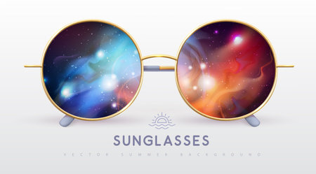 Realistic round shaped sunglasses with outer space, universe, starfield and nebula inside. Vector illustration.のイラスト素材