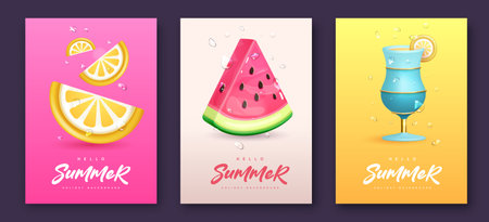 Set of summer modern covers with 3d watermelon, cocktail and lemon. Summer backgrounds. Vector illustrationのイラスト素材
