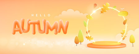 Hello Autumn background with 3D plastic stage, neon arch and autumn falling leaves. Vector illustrationのイラスト素材