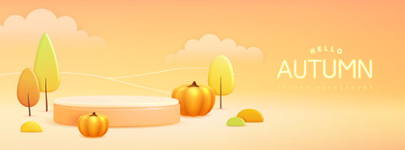 Hello Autumn background with 3D plastic stage and landscape with trees and clouds. Vector illustrationのイラスト素材