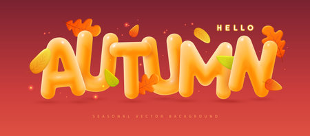 Autumn typography background with 3D letters and falling leaves. Vector illustrationのイラスト素材