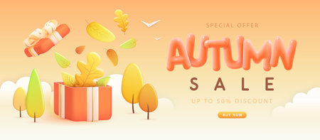 Autumn big sale poster with 3D plastic gift box, autumn trees and leaves. Vector illustrationのイラスト素材
