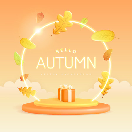 Hello Autumn background with 3D plastic stage, gift box, neon arch and autumn leaves fall. Vector illustrationのイラスト素材