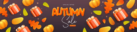 Autumn big sale poster with 3D plastic gift box, pumpkin and falling leaves. Vector illustrationのイラスト素材