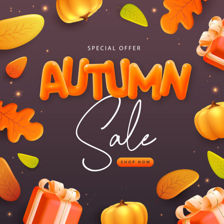 Autumn big sale poster with 3D plastic gift box, pumpkin and falling leaves. Vector illustrationのイラスト素材