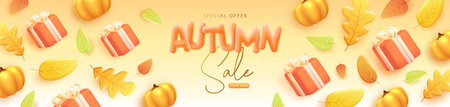 Autumn big sale poster with 3D plastic gift box, pumpkin and falling leaves. Vector illustrationのイラスト素材