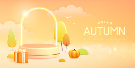 Hello Autumn background with 3D plastic stage and landscape with trees and clouds. Vector illustrationのイラスト素材