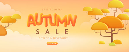 Autumn big sale poster with 3D plastic letters and autumn trees. Autumn seasonal background. Vector illustrationのイラスト素材