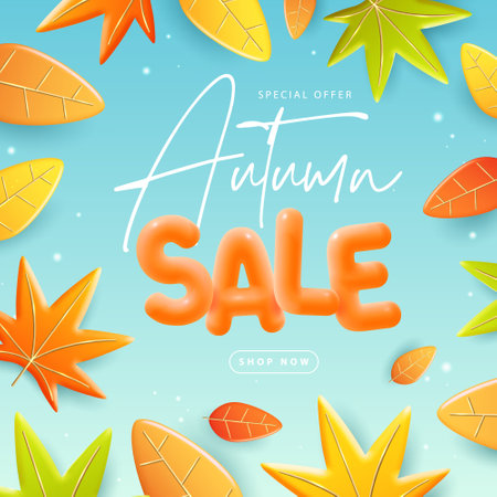 Autumn big sale poster with 3D orange falling autumn leaves. Autumn seasonal background. Vector illustrationのイラスト素材