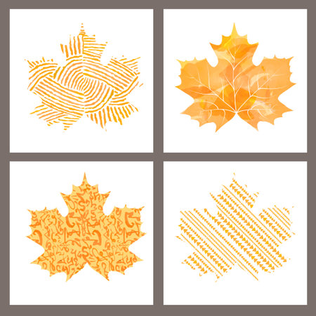 Set of artistic watercolor orange autumn maple leaves. Greeting card. Vector illustrationのイラスト素材