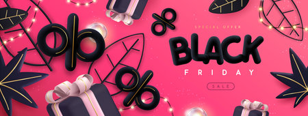 Black friday big sale poster with 3D letters, gift box, autumn leaves and string of lights on pink background. Vector illustrationのイラスト素材