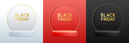 Set of black friday showcase backgrounds with 3d podium and golden arch. Vector illustrationのイラスト素材
