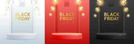 Set of black friday showcase backgrounds with 3d podium and electric lamps. Vector illustrationのイラスト素材
