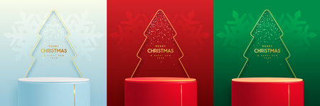 Set of holiday Christmas showcase backgrounds with 3d podium and Christmas tree cut out silhouette. Vector illustrationのイラスト素材