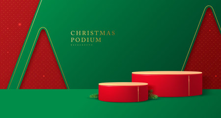 Holiday Christmas showcase green background with 3d podiums. Abstract minimal scene. Vector illustrationのイラスト素材