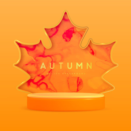 Autumn backgrounds with 3d podium, maple leaf silhouette and gold luxury outline. Vector illustrationのイラスト素材