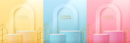 Set of yellow, pink and blue showcase backgrounds with 3d podium, gloden metallic leaves and arch. Vector illustrationのイラスト素材