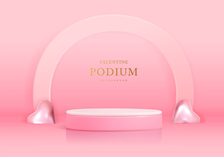 Happy Valentine`s day showcase background with 3d podium, gloden metallic love hearts and arch. Vector illustrationのイラスト素材