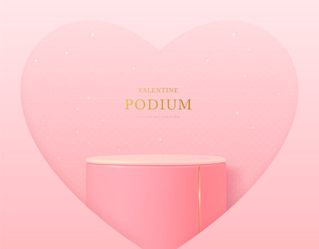 Happy Valentine`s day showcase background with 3d podium and cut out love heart shape. Vector illustrationのイラスト素材