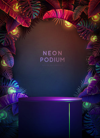 Fluorescent neon showcase background with 3d podium and tropic leaves.  Summer nature concept. Vector illustrationのイラスト素材