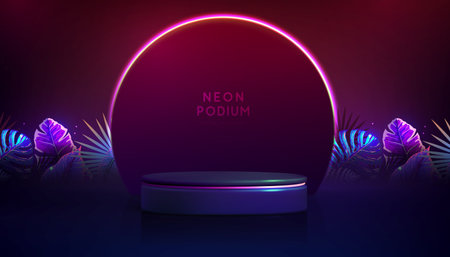 Fluorescent neon showcase background with 3d podium and tropic leaves.  Summer nature concept. Vector illustrationのイラスト素材