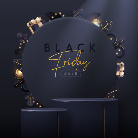 Black friday big sale showcase background with 3d podium, string of lights, autumn leaves and gift box. Vector illustrationのイラスト素材