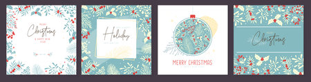 Set of Christmas holiday greeting cards or covers with christmas floral decoration. Vector illustrationのイラスト素材