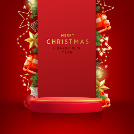 Holiday Christmas showcase red background with 3d podium and Christmas decoration. Abstract minimal scene. Vector illustrationのイラスト素材