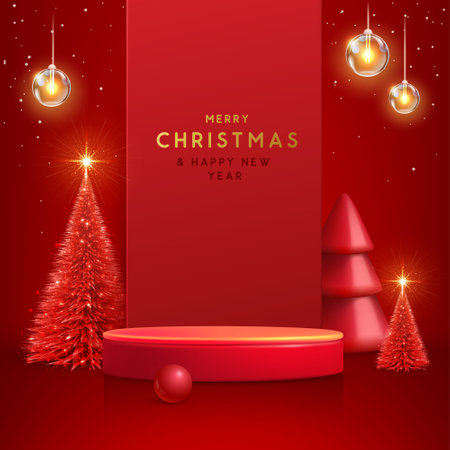 Holiday Christmas showcase red background with 3d podium and Christmas tree. Abstract minimal scene. Vector illustrationのイラスト素材
